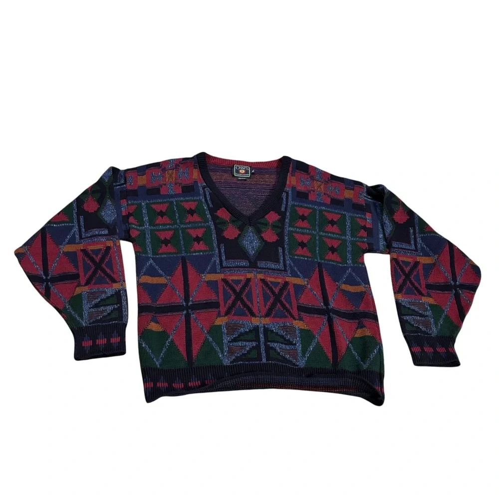 Vintage Chaps Ralph Lauren Geometric Tribal V-Neck Sweater Mens XL‎ Multi Color